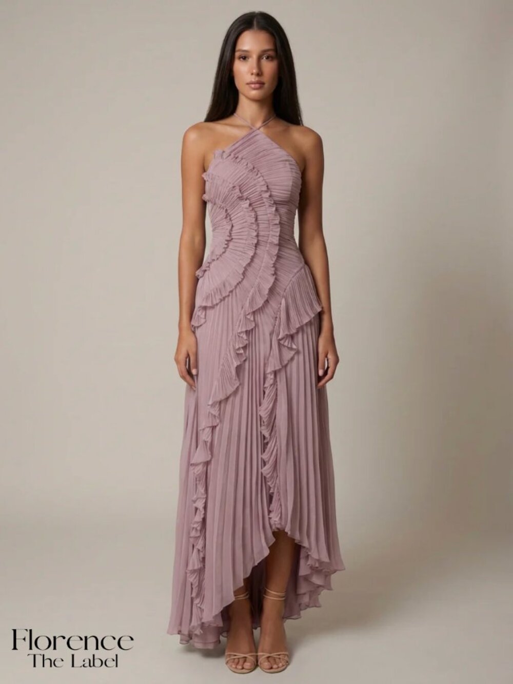 Dusty Rose Halter Ruffle Pleated Wedding Dress